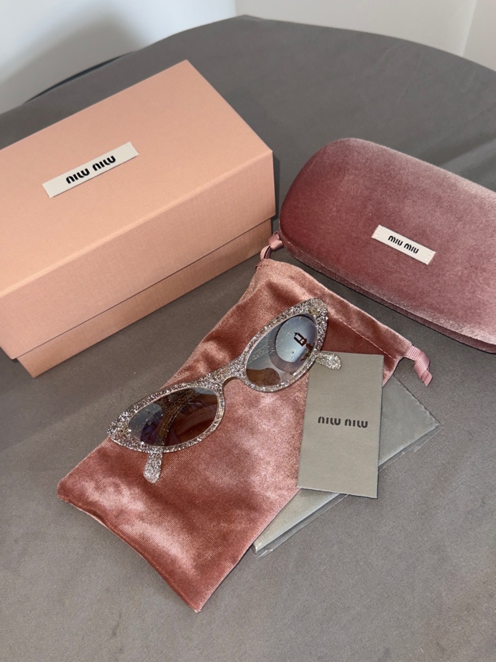 Miu Miu Crystal-Embellished Pink Cat Eye Sunglasses